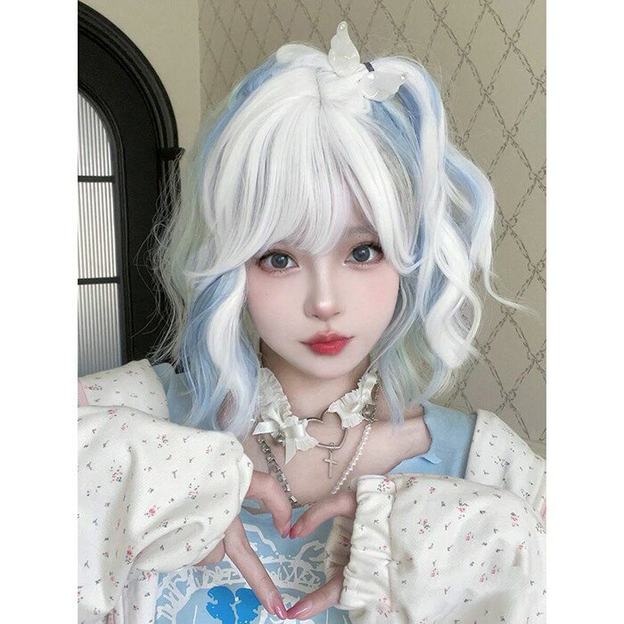 ウィッグ フルウィッグ 短髪 ホワイト×ブルー ロング 巻き髪 ロングウィッグ ハロウィン 原宿風 かつら コスプレ 可愛い コスチューム 仮装 大人用 普段使い 文化祭 イベント 学園祭 演劇 舞台 学芸会グローリーパーク