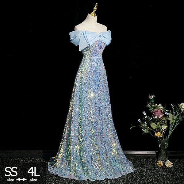 パーテイードレス ロング丈ドレス キラキラ オフショルダー 肩出し レディース 着痩せ 発表会 演奏会 二次会 大きいサイズ エレガント 20代 30代 40代 大人 可愛い 結婚式 披露宴 フォーマルドレス ブルー eh176jcjcz7グローリーパーク