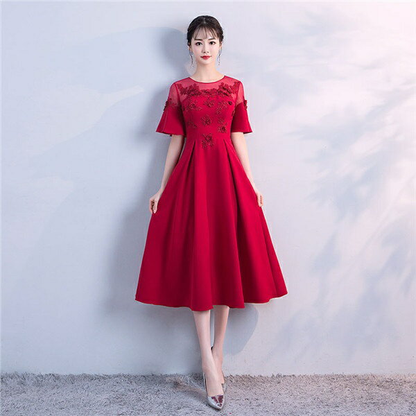 ミモレドレス 演奏会 着痩せ パーティードレス レディース ミモレ丈 ドレス 結婚式 ワンピース フォーマル ドレス お呼ばれ 二次会 ピアノ 発表会 ドレス 演奏会 袖あり フォーマル ワンピース 大人 大きいサイズ ブラック レッド 黒