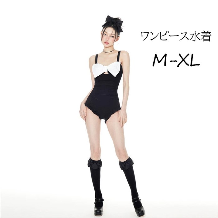 Two-Piece - ワンピース水着 レディース ノースリーブ リボン パッド付き かわいい セクシー フリル 水着 肩出し 着痩せ 水着 学生 ワイヤーなし 小柄 コスプレ 衣装 撮影 写真用 映える 温泉 プール ビーチ ブラック M L XLグローリーパーク