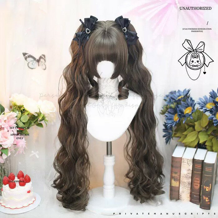 ウィッグ ゴスロリ コスチューム 油絵風 ツインテール 仮装 超自然 グレーブラウン レディース フルウィッグ ロング 巻き髪 前髪あり 可愛い かわいい 大人...