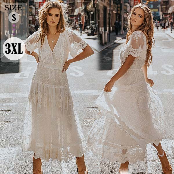 夏ワンピース リゾート ワンピース ドレス レース フレア ロングドレス 大きいサイズ 二次会 ピアノ 透け感 半袖 演奏会 20代 30代 大人 上品 発表会 旅行 海デート 夏 オシャレグローリーパーク