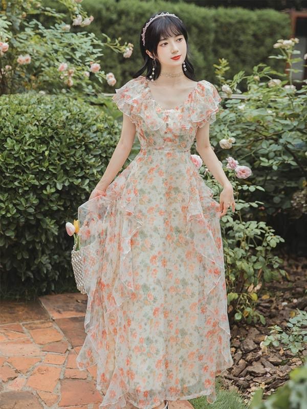 ワンピース 半袖 花柄 夏ワンピ 可愛い ゆったり ロング丈 Vネック ハイウエスト ...