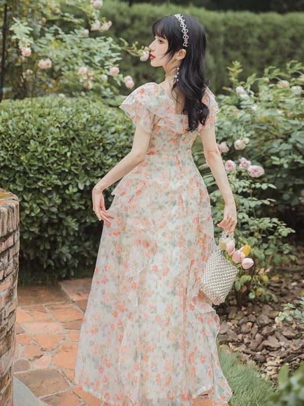 ワンピース 半袖 花柄 夏ワンピ 可愛い ゆったり ロング丈 Vネック ハイウエスト ...