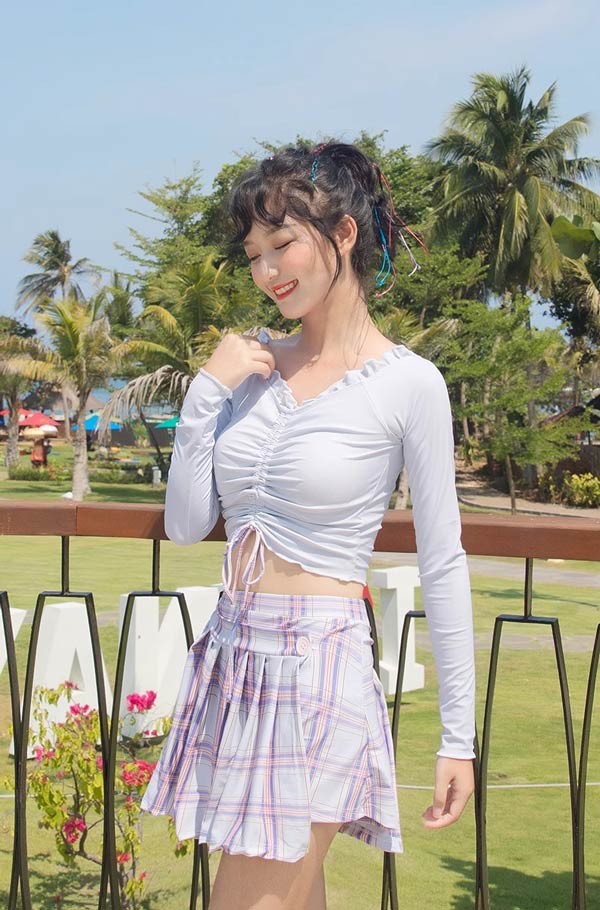 タンキニ水着 チェック柄 服みたいな 水着 2点セット 長袖 リボン フリル ワイヤーなし パッド付 レディース 着瘦せ シンプル 写真映え 撮影用 海 夏 サマー プール リゾート かわいい オシャレ 旅行 温泉 大人 女性用 ジュニア 学生 女の子 グレー