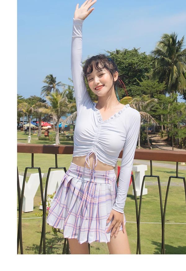 タンキニ水着 チェック柄 服みたいな 水着 2点セット 長袖 リボン フリル ワイヤーなし パッド付 レディース 着瘦せ シンプル 写真映え 撮影用 海 夏 サマー プール リゾート かわいい オシャレ 旅行 温泉 大人 女性用 ジュニア 学生 女の子 グレー