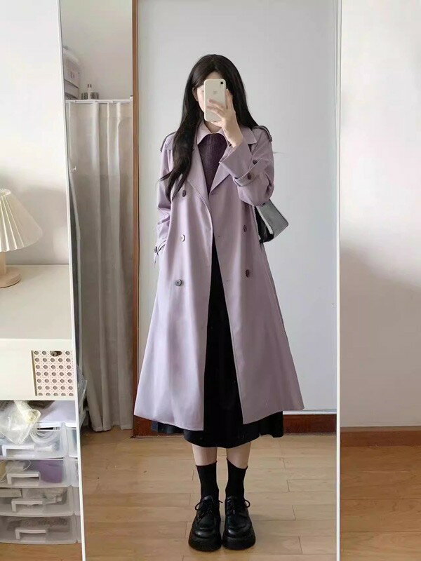 トレンチコート レディース 春秋コート ミディアムコート イギリス風 スプリングコート 春コート アウター オシャレ 上品 ゆったり 無地 通勤 着痩せ カジュアル パープル 紫 小さいサイズ 大きいサイズ S M L XL