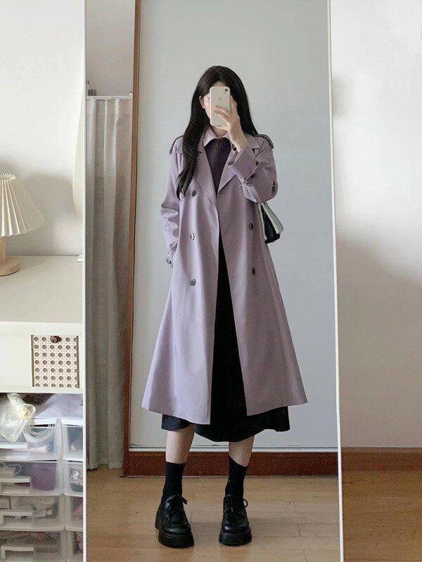 トレンチコート レディース 春秋コート ミディアムコート イギリス風 スプリングコート 春コート アウター オシャレ 上品 ゆったり 無地 通勤 着痩せ カジュアル パープル 紫 小さいサイズ 大きいサイズ S M L XL
