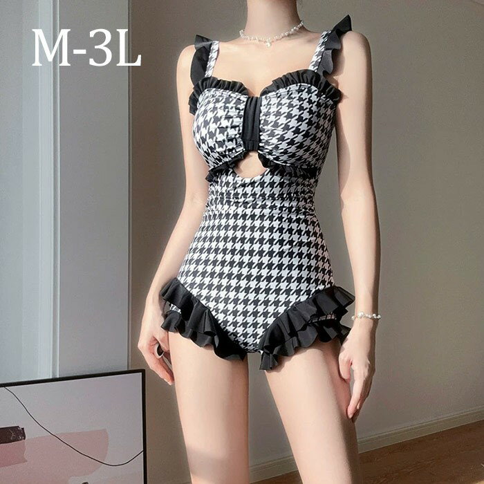 水着 レディース ワンピース水着 パッド付き ワイヤーなし 千鳥格子柄 かわいい 肩出し 着痩せ セクシー 撮影 写真用 映える 温泉 プール ビーチ M-3Lグローリーパーク