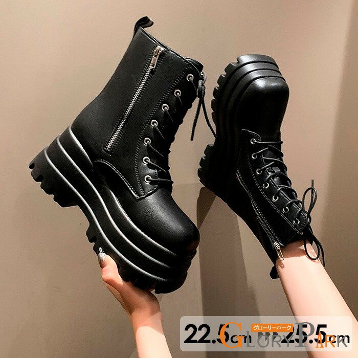 ブーツ レディース 厚底 ショートブーツ サイドジップ レースアップ 黒 ブーツ モード系 韓国風 美脚 脚長 厚底ヒール 靴 秋冬 カジュアル おしゃれ 大きいサイズ 小さいサイズ 20代 30代 40代