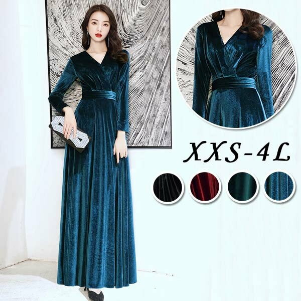 ロングドレス 黒 袖付き ベルベット ドレス 長袖 発表会 母親 結婚式 韓国 ロング 小さいサイズ XXS XS 大きいサイズ 4L 体型カバー 謝恩会 卒業式 花嫁 合唱団 オペラ コーラス ステージ ブラック ワインレッド ブルー グリーン 20代 30代 40代グローリーパーク