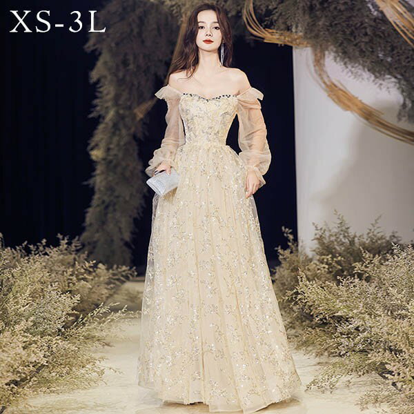 ★500円OFFクーポン配布中★ドレス 大人 ピアノ 発表会 ロングドレス 小さいサイズ キラキラ 袖付き 長袖 演奏会 結婚式 母親 演奏会用ドレス ロング 披露宴 レディース 演奏会ドレス ピアノ発表会 韓国 イブニングドレス