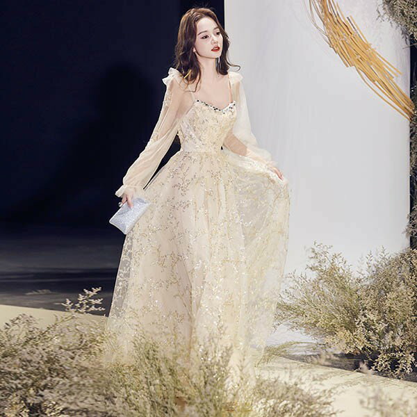 ★500円OFFクーポン配布中★ドレス 大人 ピアノ 発表会 ロングドレス 小さいサイズ キラキラ 袖付き 長袖 演奏会 結婚式 母親 演奏会用ドレス ロング 披露宴 レディース 演奏会ドレス ピアノ発表会 韓国 イブニングドレス