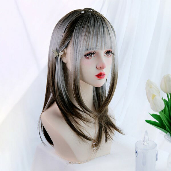 ウィッグ レディース フルウィッグ ロング グラデーション ストレート ぱっつん前髪 前髪あり 可愛い かわいい 大人用 コスプレ ロリータ ゴスロリ コスチューム 原宿風 仮装 超自然 かつら wig Lolita 小顔 文化祭 イベント 学園祭 ハロウィングローリーパーク