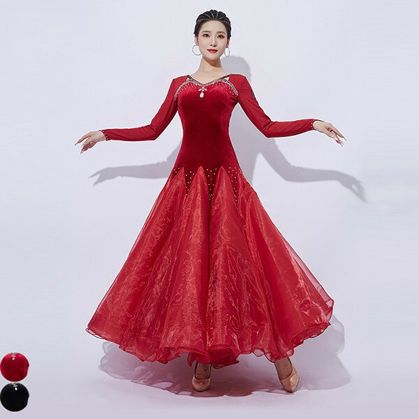 社交ダンスドレス 社交ダンス モダンドレス 大きいサイズ 長袖 広がる裾 スタンダードドレス ワルツダンス ワンピースドレス ダンス衣装 ダンスウェア ステージ衣装 競技会 カラオケ デモ パーティー 発表会 競技着 練習着 舞台 演奏会 演出 黒 赤