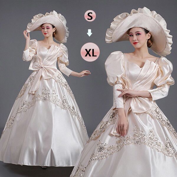 ロングドレス 貴族ドレス お姫様ドレス 中世ヨーロッパ ステージ 盛り袖 パフスリーブ 貴婦人 ペンタゴンネック フィッテッドカフス 帽子付き 演奏会 声楽 オペラ イベント プリンセスライン ワンピース Aライン フリル シャンパン S M L XLグローリーパーク