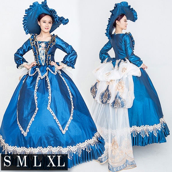 ロングドレス 貴族ドレス お姫様ドレス ドレス アンティーク 中世ヨーロッパ ボリューム袖 レース スクエアネック 刺繍 ゴージャス 貴族風 演奏会 舞台衣装 声楽 オペラ イベント ワンピース 撮影 コスプレ ブルー S M L XL