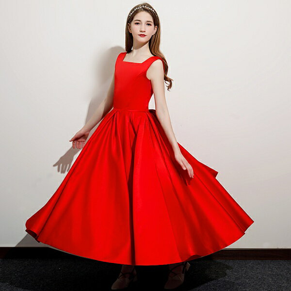 キッズドレス ロングドレス ピアノ ワンピース リボン ノースリーブ 無地 シンプル ロング丈 スクエアネック Aライン 発表会 コンクール フォーマル レッド こどもドレス 結婚式 演奏会 フラワーガール 110 120 130 140 150 160 170