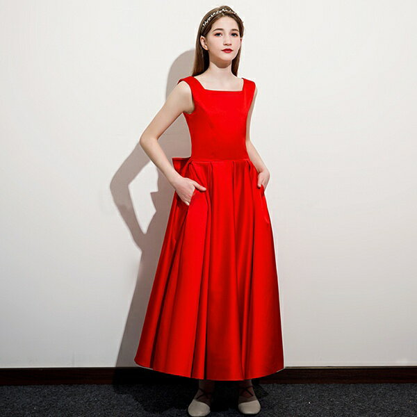 キッズドレス ロングドレス ピアノ ワンピース リボン ノースリーブ 無地 シンプル ロング丈 スクエアネック Aライン 発表会 コンクール フォーマル レッド こどもドレス 結婚式 演奏会 フラワーガール 110 120 130 140 150 160 170