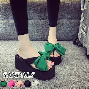 サンダル レディース リボン トング ビーチ おしゃれ コンフォート 厚底 ウェッジソール サマー グリーン ブラック グレー 美脚 安定感 楽ちん カジュアル 22.5/23/23.5/24.0/24.5/25 di628s1s1d4