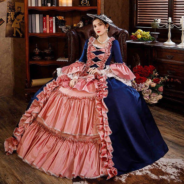 ドレス レディース ロングドレス 貴族ドレス 中世ヨーロッパ お姫様 プリンセスドレス カラードレス長袖 フリル アンブレラスリーブ 華やか リボン ボリューム ゴージャス オペラ プリンセスライン ワンピース 撮影 ネイビー ピンク