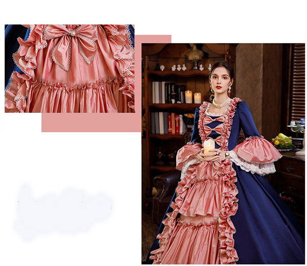 ドレス レディース ロングドレス 貴族ドレス 中世ヨーロッパ お姫様 プリンセスドレス カラードレス長袖 フリル アンブレラスリーブ 華やか リボン ボリューム ゴージャス オペラ プリンセスライン ワンピース 撮影 ネイビー ピンク