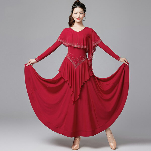樂天商城 - 社交ダンス ドレス 練習着 スタンダード ドレス パーティー 長袖 フリル 社交ダンス衣装 ワンピース スタンダード ドレス 社交ダンス広がる 舞台 豪華 長袖 ワルツ 発表会 団体 デモ 赤 ネイビー S M L 2L 3Lグローリーパーク