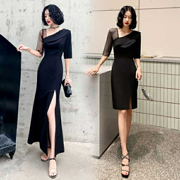 樂天商城 - ドレス 大人 ピアノ 発表会 膝丈 /ロング丈 ロングドレス 演奏会 パーティードレス 結婚式 ワンピース 袖あり 肩出し 透明感 大人 フォーマル セクシー 韓国風 ブラック XS/S/M/L/XL/2XL/3XL da251t2t2d4グローリーパーク