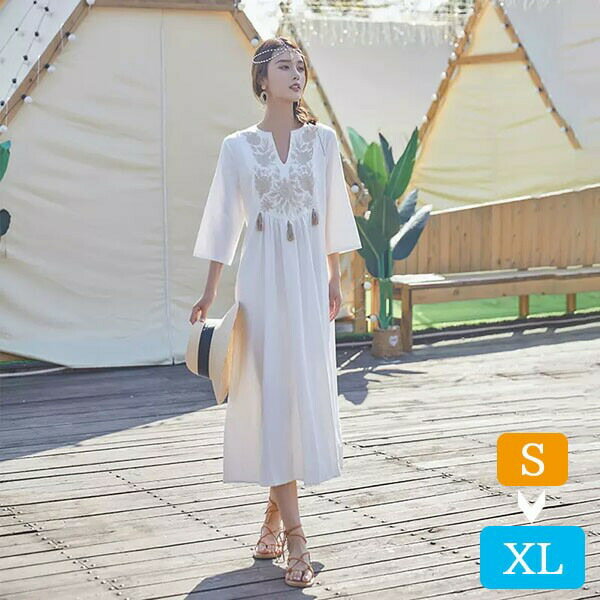 ハワイ リゾートワンピース マキシ丈 七分袖 体型カバー 大きめ ゆったり 刺繍 民族風 夏ワンピ ロングワンピース 沖縄 海外旅行 ホワイト レディース マキシワンピース おしゃれ 大人可愛いグローリーパーク