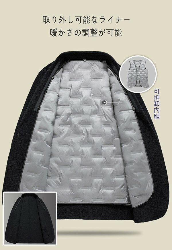 メンズ 混ウールコート インナー 取り外し可能ダウンライナー チェスターコート 大きいサイズ ビジネス 冠婚葬祭 フォーマル カジュアル 暖かい アウター ウール60%/ポリエステル40% メンズファッション 春 秋冬 ブラック ベージュ グレー M L XL 2XL 3XL 4XL