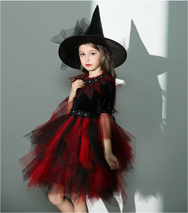 コスプレ 衣装 キッズ 子供服 ハロウィン 魔女 ウィッチ 女の子 ワンピース 長袖 帽子 イレギュラーヘム ミニ丈 ヴィランズ コスプレ衣装 コスチューム 可愛い パーティ イベン 仮装 ブラック オレンジ 100 110 120 130 140 150 160