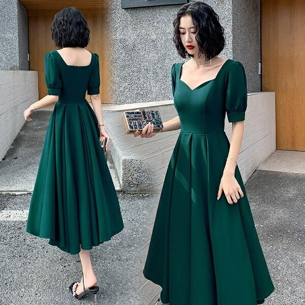パーティードレス ミモレ丈 結婚式 バブルスリーブ スクエアネック 発表会ドレス 3XL 大きいサイズ 上品 スタイルいい カクテルドレス お呼ばれ 20代 40代 50代 演奏会 謝恩会 コンサート ファスナー式 同窓会 韓国風 Aライングローリーパーク
