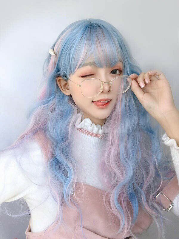 【期間限定！マスクプレゼント中】フルウィッグ 内巻 ピンク×ブルー セミロング レディース ウィッグ グラデーション 仮装 超自然 エクステ かつら wig ロリータ Lolita コスプレ ハロウィン レイヤー 小顔 原宿系 耐熱ウィッグ dp056x1x1d4