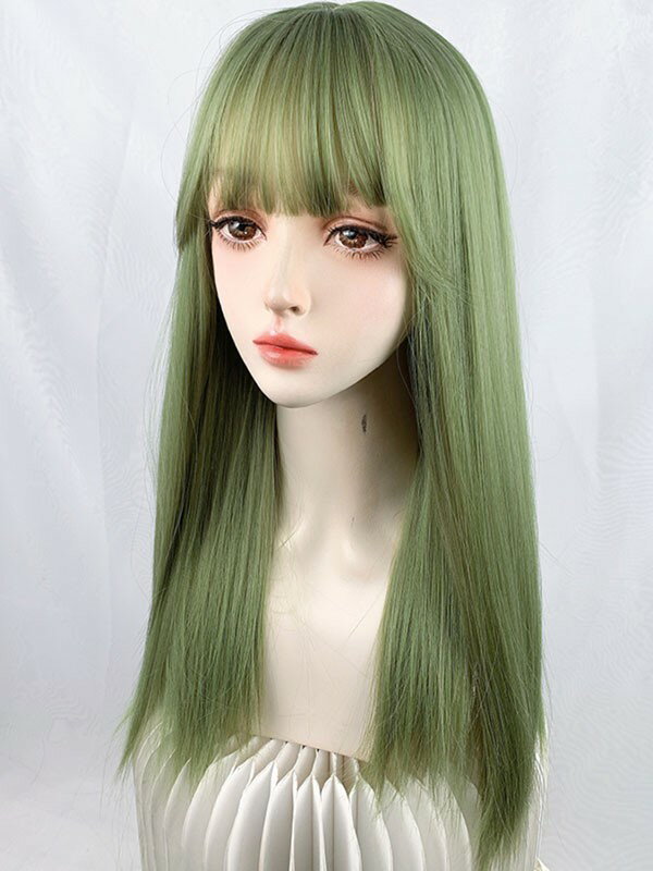 ウィッグ フルウィッグ グリーン 緑 ロング ストレート レディース ハロウィン ふんわり前髪あり ナチュラル 原宿風 かつら コスプレ 可愛い 仮装 大人用 普段使い イベント 女装 発表会 文化祭 学園祭 学芸会 舞台 演劇 変装 小道具