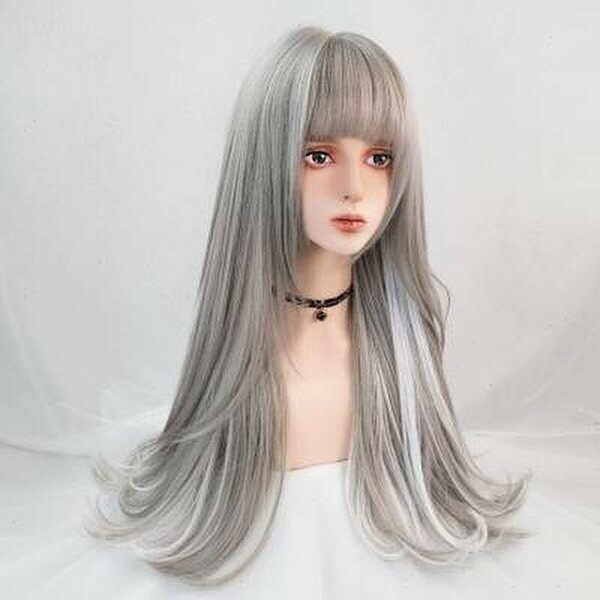 フルウィッグ ロング ストレート グレー シルバー 銀 ホワイトメッシュ レディース ハロウィン 前髪あり 原宿風 かつら コスプレ 可愛い 仮装 大人用 イベ...