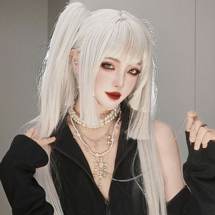 姫カット 中世の貴族風 ストレート シルバーホワイト 銀髪 フルウィッグ かつら 女性 長髪 ロングウィッグ ロングヘア ロリータ lolita 前髪あり 自然...