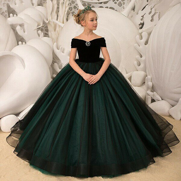 【110/120/130/140/150/160】子供ドレス ピアノ発表会 オフショルダー ロングドレス トレーンドレス 女の子 結婚式 フォーマル ブローチ付 キッズドレス 黒フラワーガール 花嫁付き添い【代引不可】グローリーパーク