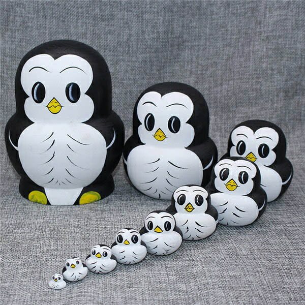 ロシア民芸品 マトリョーシカ 土産物 ペンギン 手作り人形 手描き オブジェ 10個組14cm モノトン インテリア雑貨 洋風 ギフト プレゼント 北欧雑貨 伝統工芸 おもちゃ 飾り 誕生日 キッズ 子供部屋 ハロウィン クリスマスのサムネイル