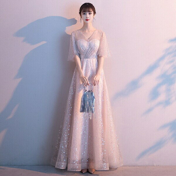 パーティードレス ロングドレス 大人 ブライズメイド ロング ピアノ 発表会 Vネック 袖付き 編み上げタイプ フォーマル 小さいサイズ 大きいサイズ 結婚式 花嫁 ワンピース 上品 お呼ばれ 他と被らない S/M/L/XL/2XL df157y6y6d4グローリーパーク