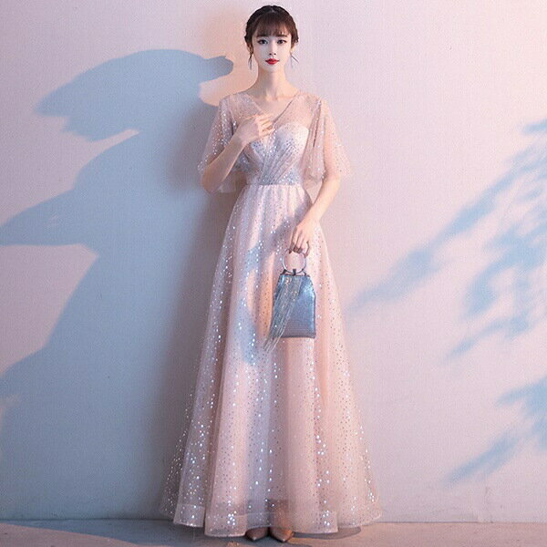 パーティードレス ロングドレス 大人 ブライズメイド ロング ピアノ 発表会 Vネック 袖付き 編み上げタイプ フォーマル 小さいサイズ 大きいサイズ 結婚式 花嫁 ワンピース 上品 お呼ばれ 他と被らない S/M/L/XL/2XL df157y6y6d4グローリーパーク