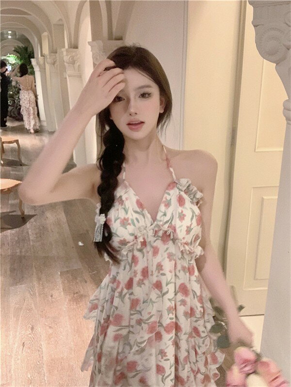 ワンピース 袖なし 花柄 夏ワンピ 可愛い ゆったり ロング丈 Vネック ハイウエスト...