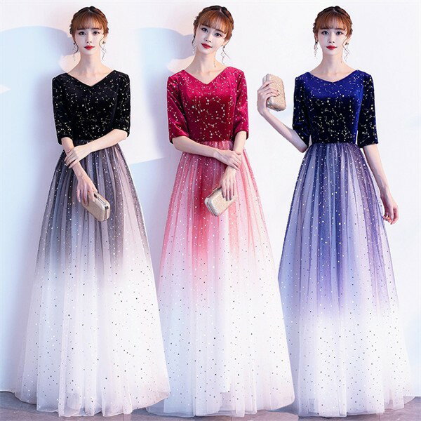 樂天商城 - イブニングドレス ロング丈 演奏会 発表会Aライン 五分袖ドレス パーティードレス カラードレス 披露宴 キラキラ 二次会 ステージ 衣装 30代 30代 40代 50代 60代 ネイビー レッド 全3色 XS~3XLグローリーパーク