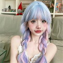 ウィッグ インナーカラー ロリータ 原宿風 ロング かつら 巻き毛 ぱっつん前髪 パーマ ゆめかわ グラデーション ブルー パープル 可愛い 長髪 ロング 耐熱...