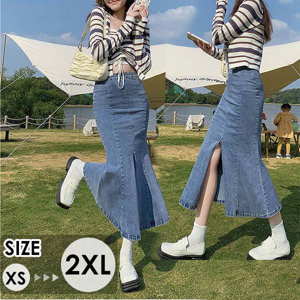 樂天商城 - デニムスカート レディース ヴィンテージ デニム素材 ストレッチ ミモレ丈 スリット 体型カバー 無地 痩せ見え 通勤 H型 ペンシルスカート オールシーズン 春 夏 秋グローリーパーク