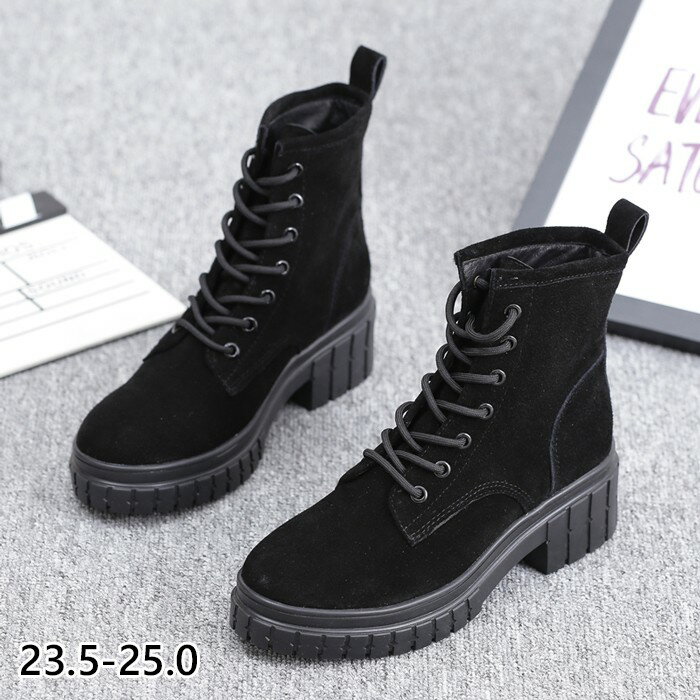 ショートブーツ レディース レースアップ 編み上げ 厚底 ヒール 5cm 黒 美脚 歩きやすい 走れる 痛くない おしゃれ かわいい 大人 人気 23.5 24...