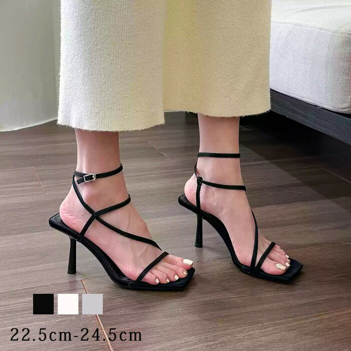 樂天商城 - ストラップサンダル レディース ピンヒール 脱げない 痛くない 歩きやすい アンクルストラップ かかと付き カジュアル きれいめ おしゃれ 春 夏 スクエアトゥ 細ストラップ コードストラップ ナローストラップ アンクルストラップ 華奢 黒グローリーパーク