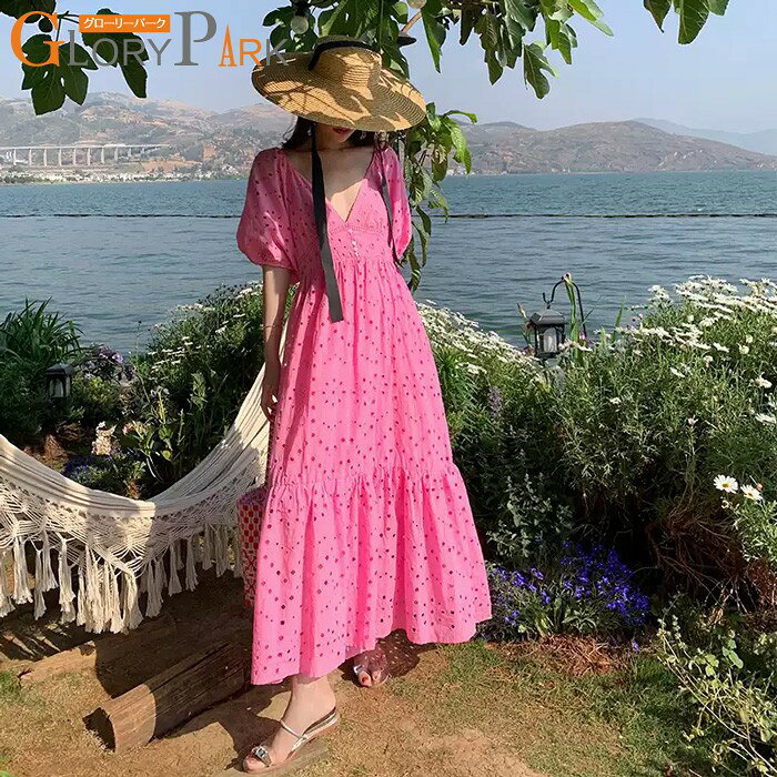 リゾートワンピース 夏 沖縄 ハワイ 花柄 大人 ワンピース サマードレス ハワイアン 韓国 可愛い 夏 ロングワンピース 体型カバー 結婚式 七五三 成人式 卒業式 入学式 Aライン 春夏おうち マキシ丈 おしゃれ ドレープ ピンク S M L XL