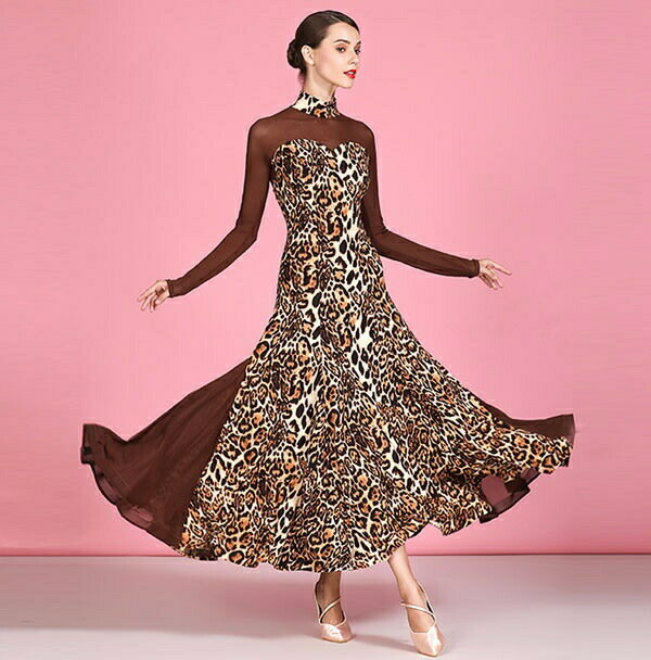 【期間限定！マスクプレゼント中】社交ダンス モダンドレス レース ワルツ 大きい裾 大きいサイズ パーティー用 ダンス衣装 ダンス発表会 競技着 練習着 演出用 スタンダードドレス ワルツダンス ワンピース ヒョウ柄 S/M/L/XL/2XL