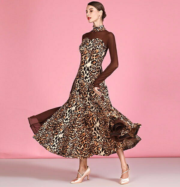 【期間限定！マスクプレゼント中】社交ダンス モダンドレス レース ワルツ 大きい裾 大きいサイズ パーティー用 ダンス衣装 ダンス発表会 競技着 練習着 演出用 スタンダードドレス ワルツダンス ワンピース ヒョウ柄 S/M/L/XL/2XL