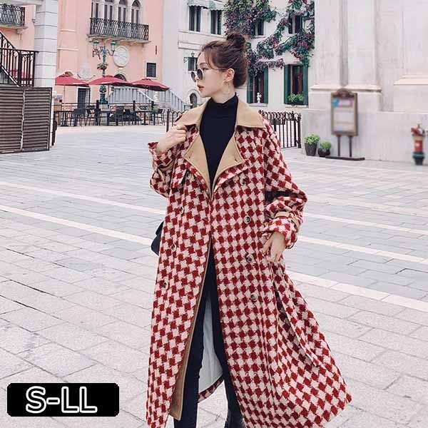 樂天商城 - チェスターコート ロングコート コート グレンチェック ドロップショルダー フードなし 暖かい おしゃれ 体型カバー 中綿コート 韓国 暖かい かわいい エレガントグローリーパーク